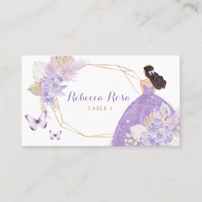 Tarjeta De Mesa Mariposa púrpura de Boho Princesa Quinceañera (Anverso)