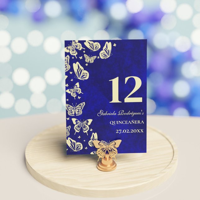 Tarjeta De Mesa Mariposa Real de Oro Azul 15º asiento Quinceañera (Royal Blue Gold Butterfly 15th Quinceañera Seating Table Number)