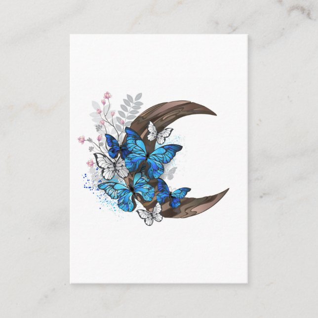 Tarjeta De Mesa Mariposas azules en creciente de madera (Anverso)