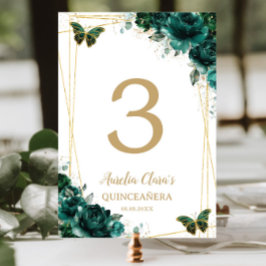 Tarjeta De Mesa Mariposas de oro floral verde esmeralda de Quincea