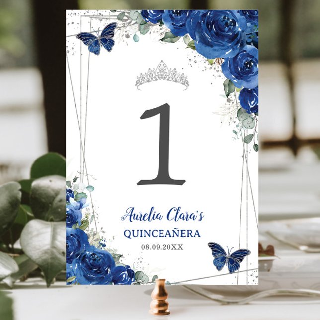 Tarjeta De Mesa Mariposas de Plata Floral Azul Real de Quinceañera (Subido por el creador)