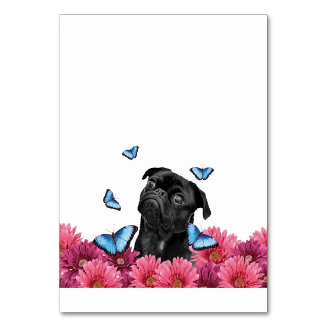 Tarjeta De Mesa Mariposas Pug Gerbera | Perro negro lindo (Anverso)