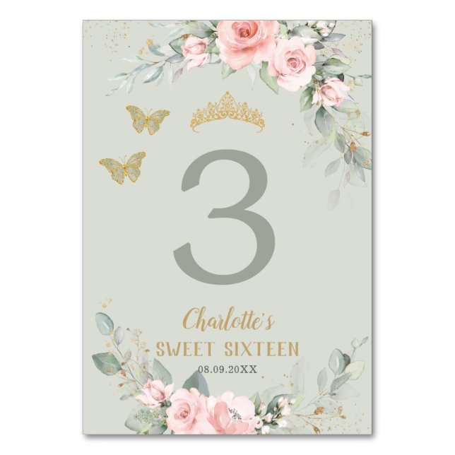 Tarjeta De Mesa Mariposas verdes rosadas florales de Rubor 16 (Anverso)