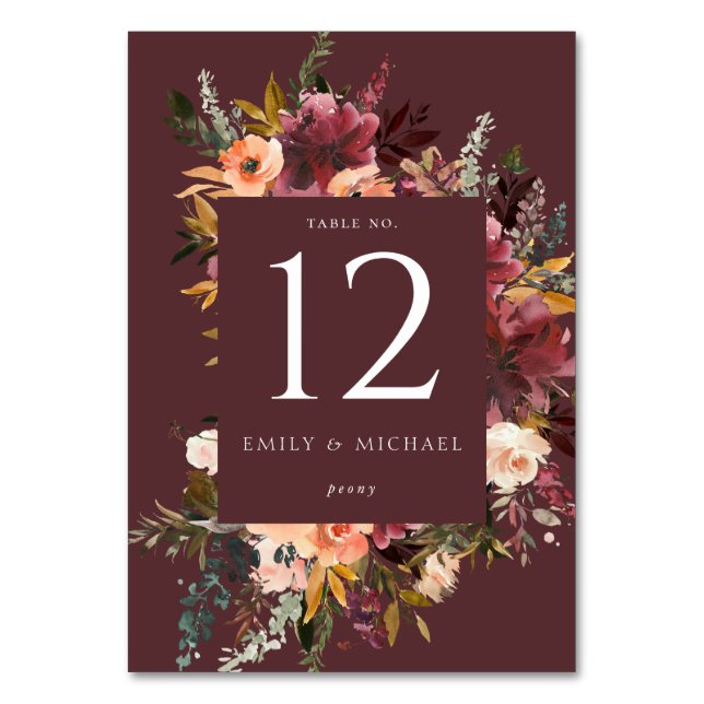 Tarjeta De Mesa Marsala Borgoña Melocotón Acuarela Floral (Anverso)