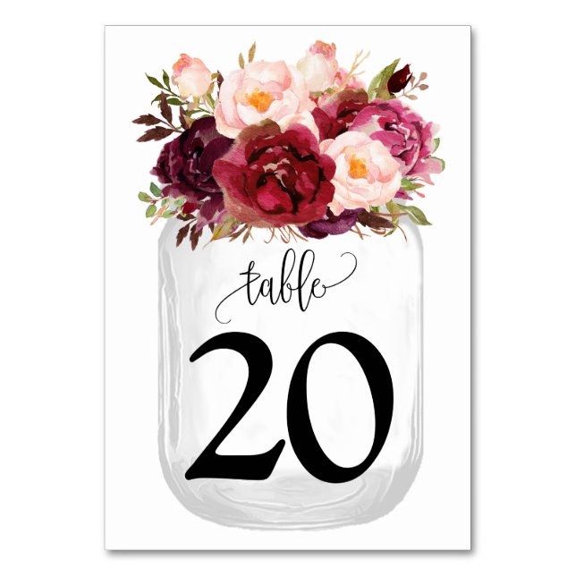 Tarjeta De Mesa Marsala Flores Mason Jar Country Wedding (Anverso)