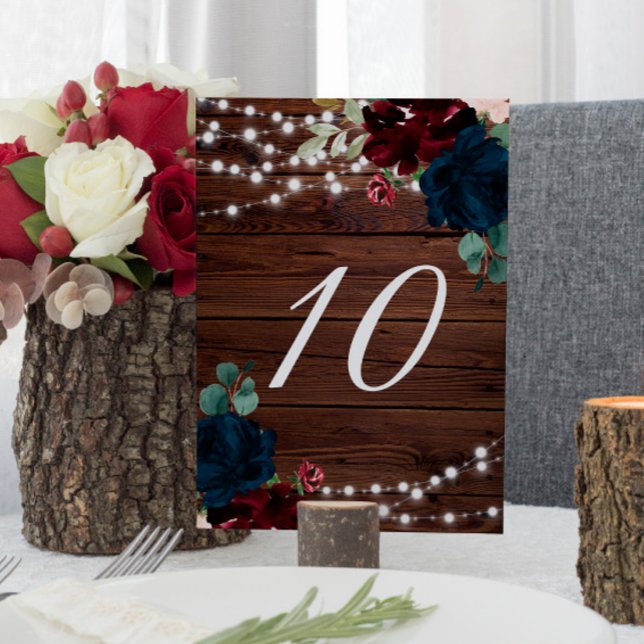 Tarjeta De Mesa Marsala & Navy Floral Rustic Wood 10 números de me (Subido por el creador)