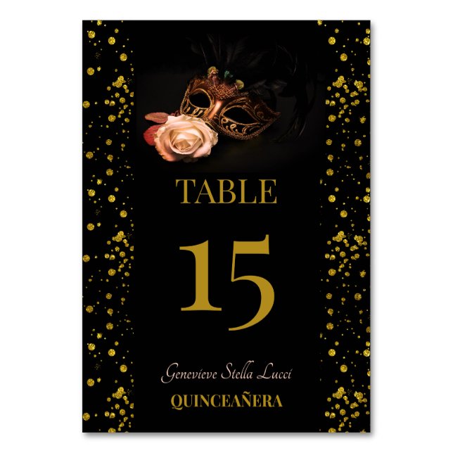 Tarjeta De Mesa Mascarada elegante y rosa blanco (Anverso)