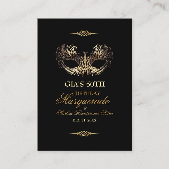 Tarjeta De Mesa Mask Black Gold 50th Masquerade Birthday  (Anverso)