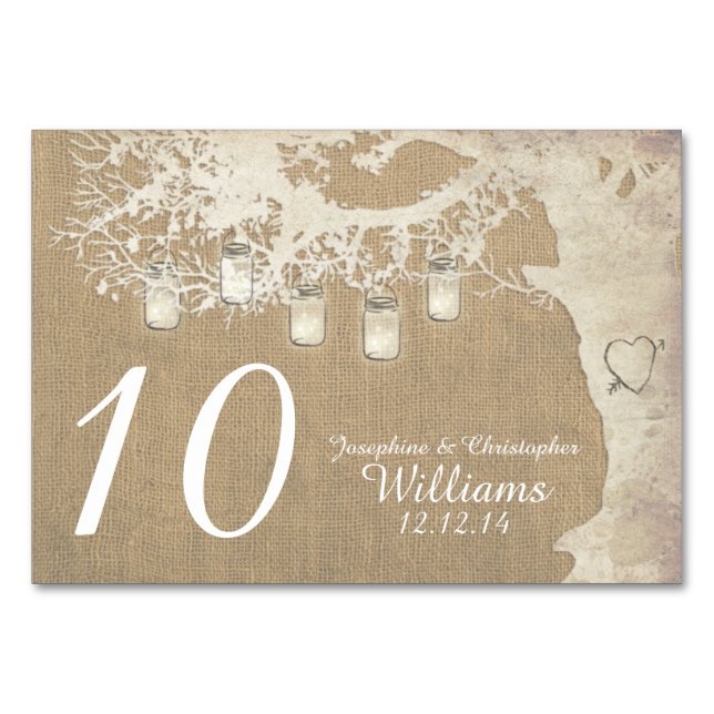 Tarjeta De Mesa Mason Jar String Lights Burlap Tree Table Number (Anverso)