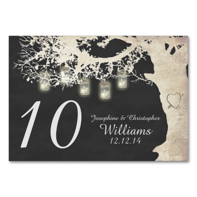 Tarjeta De Mesa Mason Jar String Lights Tree Chalk Table Number (Anverso)