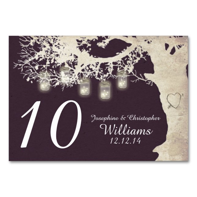 Tarjeta De Mesa Mason Jar String Lights Tree Plum Table Number (Anverso)