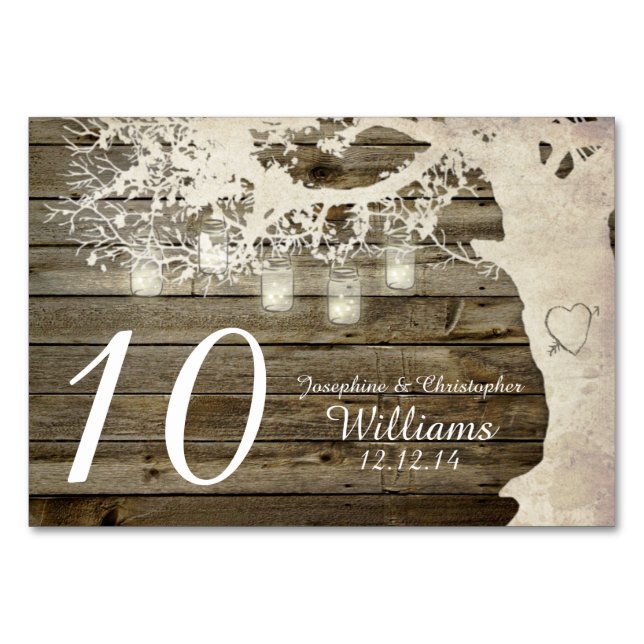 Tarjeta De Mesa Mason Jar String Lights Tree Wood Table Number (Anverso)