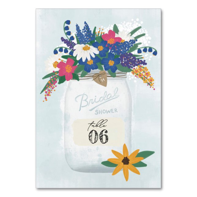 Tarjeta De Mesa Mason Jar & Wildflowers Bridal Shower (Anverso)