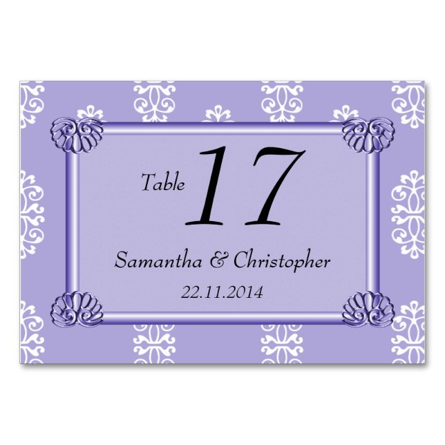 Tarjeta De Mesa Matrimonio de Damasco rosa Azul Violeta (Anverso)