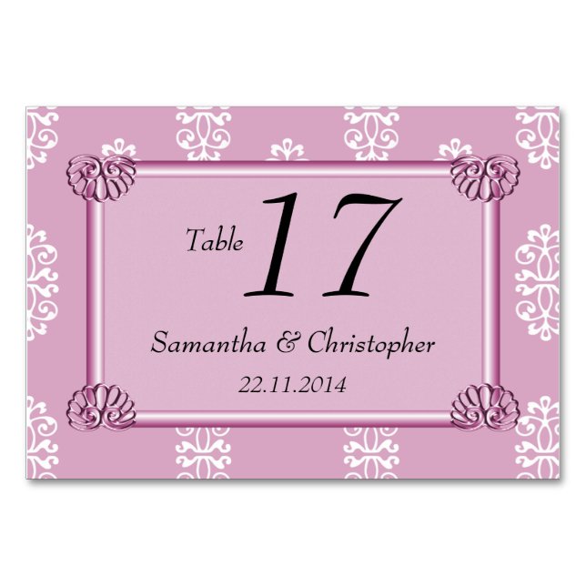 Tarjeta De Mesa Matrimonio de Damasco Rosa Rosa (Anverso)