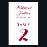 Tarjeta De Mesa Matrimonio rojo elegante del blanco moderno<br><div class="desc">Tarjeta de número de tabla minimalista simple y elegante con un guión rojo crimson elegante sobre un fondo blanco clásico. Personalizable fácil con los nombres de la novia y del novio, la fecha del boda y el número de la tabla. Para mayor personalización o pedidos de personalizados, no dudes en...</div>