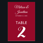 Tarjeta De Mesa Matrimonio rojo elegante y moderno<br><div class="desc">Tarjeta de número de tabla minimalista simple y elegante con un guión blanco elegante sobre un fondo rojo oscuro. Personalizable fácil con los nombres de la novia y del novio, la fecha del boda y el número de la tabla. Para mayor personalización o pedidos de personalizados, no dudes en contactarme...</div>