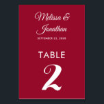 Tarjeta De Mesa Matrimonio rojo elegante y moderno<br><div class="desc">Tarjeta de número de tabla minimalista simple y elegante con un guión blanco elegante sobre un fondo rojo oscuro. Personalizable fácil con los nombres de la novia y del novio, la fecha del boda y el número de la tabla. Para mayor personalización o pedidos de personalizados, no dudes en contactarme...</div>