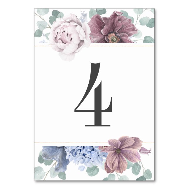 Tarjeta De Mesa Mauve y Dusty Floral Azul Boda Número de tabla (Anverso)