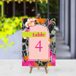 Tarjeta De Mesa Máximo Boda Floral Marcado Moderno<br><div class="desc">Forma de arco rosa claro sobre naranja rosa y melocotón floral moderna con diseño marbleizado oscuro. texto de "tabla" en rosa caliente sobre barra de neón amarillo. El número es rosado.</div>