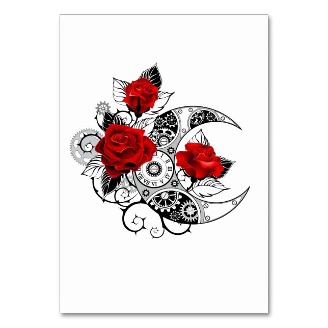 Tarjeta De Mesa Media luna mecánica con rosas rojas (Anverso)