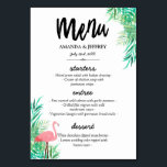 Tarjeta De Mesa Menú Boda Flamingo & Palm Leaves<br><div class="desc">Menú boda Flamingo en forma de una tarjeta de mesa,  impresa en ambos lados,  para que pueda agregarla fácilmente con los soportes de la tarjeta de mesa. El menú boda incluye un flamenco rosado entre la vegetación,  con fuentes encantadoras. ¡Añade tu menú boda,  tus nombres y fecha boda!</div>