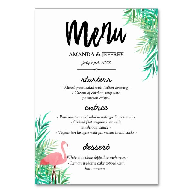 Tarjeta De Mesa Menú Boda Flamingo & Palm Leaves (Anverso)