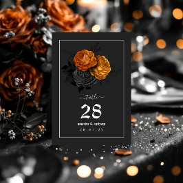 Tarjeta De Mesa Menú Boda floral negro y Naranja de Halloween