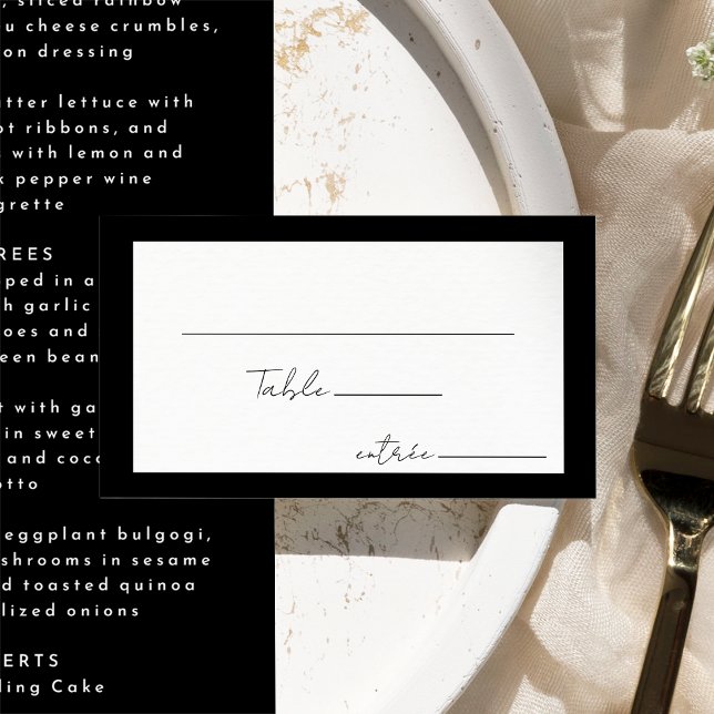 Tarjeta De Mesa Menú de boda con letra script moderna plana en neg (Subido por el creador)