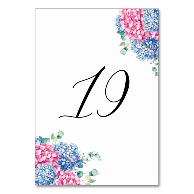 Tarjeta De Mesa Mesa 19 de acuarela de Hortensias rosadas y azules (Anverso)