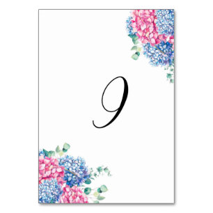 Tarjeta De Mesa Mesa 9 de Hortensias Rosa y Azul Acuarela