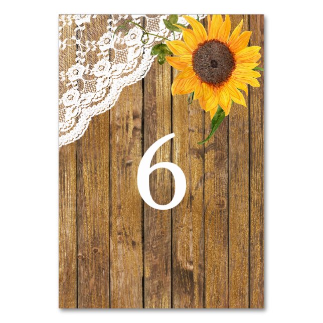Tarjeta De Mesa Mesa Boda floral de madera de encaje de girasol (Anverso)