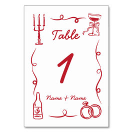 Tarjeta De Mesa Mesa boda Mano caprichosa roja ilustrada