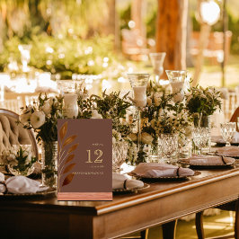 Tarjeta De Mesa Mesa Boda moderna de café marrón y hoja de oro Nu