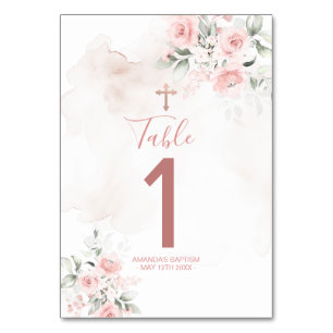 Tarjeta De Mesa Mesa de Bautismo Cruz Floral Rosa Sonrojado