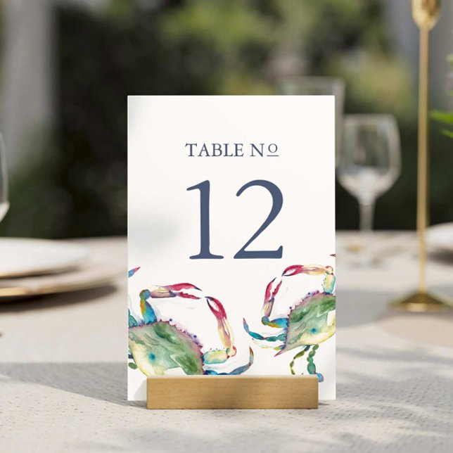 Tarjeta De Mesa Mesa de bodas de playa Número de cangrejo azul (Beach wedding table number watercolor blue crab art by Victoria Griglaliunas of Do Tell A Belle)