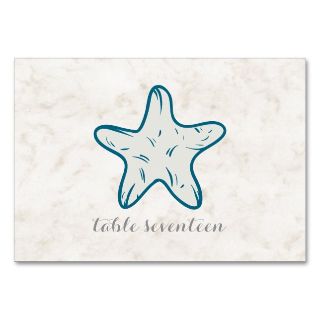 Tarjeta De Mesa Mesa de Bodas de Starfish Rustic Royal Blue (Anverso)
