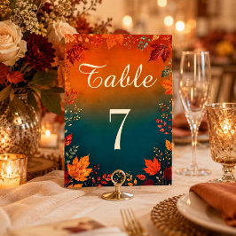 Tarjeta De Mesa Mesa de Hojas de Otoño Teal y Naranja Caída Rústic