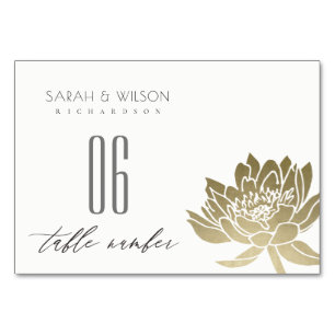 TARJETA DE MESA MESA FLORAL GLAMOROSA DE ORO PÁLIDO BLANCO LOTUS