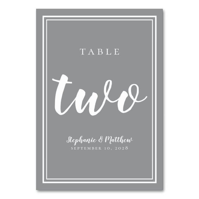 Tarjeta De Mesa Mesa Número Dos | Boda Simple Gris Blanco (Anverso)