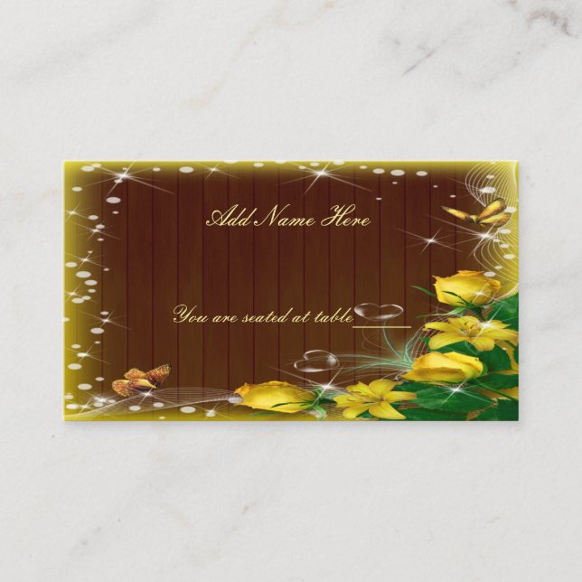 Tarjeta De Mesa Mesa Rústica Boda floral amarilla de madera oscura (Anverso)
