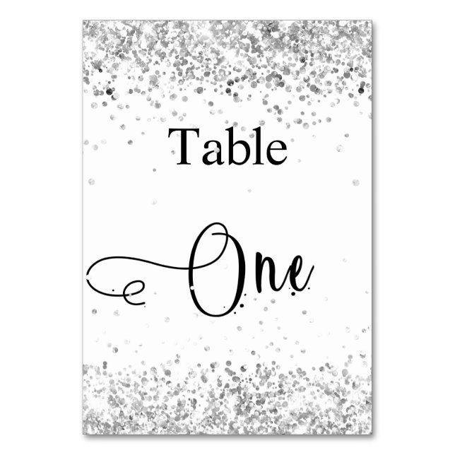 Tarjeta De Mesa Mesa uno de caligrafía con brillo blanco plateado (Anverso)