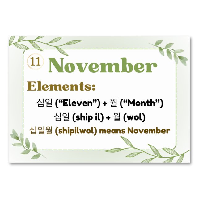 Tarjeta De Mesa Meses en hangul coreano (tarjetas flash) (Anverso)