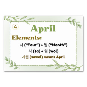 Tarjeta De Mesa Meses en hangul coreano (tarjetas flash)