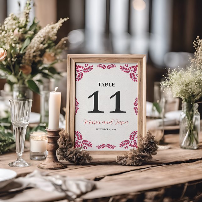 Tarjeta De Mesa Mexican Talavera Red Floral Minimalist Wedding (Mexican Talavera Red Floral Minimalist Wedding Table Number)