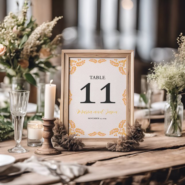 Tarjeta De Mesa Mexican Talavera Yellow Floral Minimalist Wedding (Mexican Talavera Yellow Floral Minimalist Wedding Table Number)