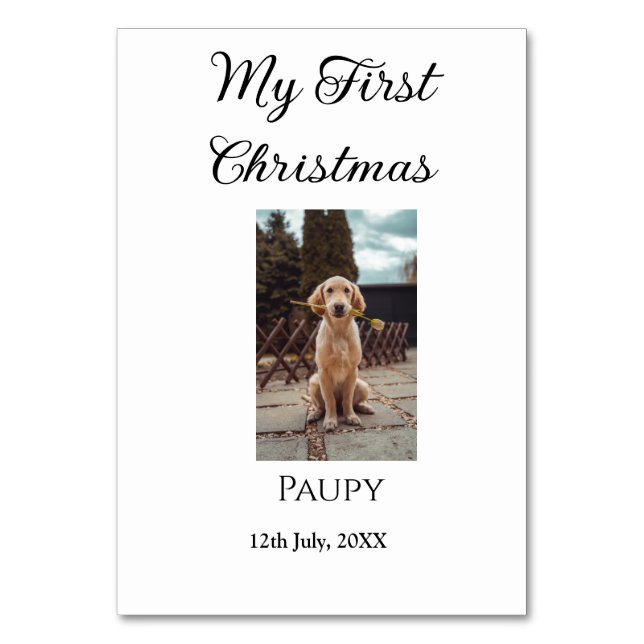 Tarjeta De Mesa Mi primera Navidad agregar nombre de mascota perro (Anverso)