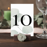 Tarjeta De Mesa Minimalist Greenery Wedding Table Number Card<br><div class="desc">Help guests easily find their tables while enhancing your reception decor with these elegant minimalist greenery wedding table number cards. Featuring soft botanical eucalyptus-style leaves and bold modern typography, this design blends natural beauty with clean contemporary style. The large table number stands prominently over a subtle botanical background, creating a...</div>