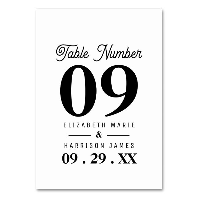 Tarjeta De Mesa Minimalista - Blanco y negro - Boda (Anverso)
