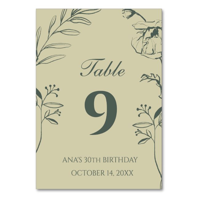 Tarjeta De Mesa Minimalista Cumpleaños 30 Floral Verde Salvia (Anverso)